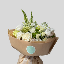 Load image into Gallery viewer, white and green hand- tied bouquet in kraft paper